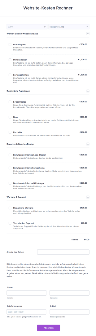 Website Kosten Rechner Form Template