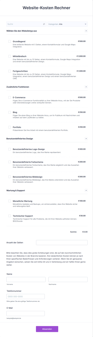 Website Kosten Rechner Form Template
