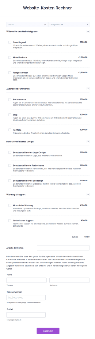 Website Kosten Rechner