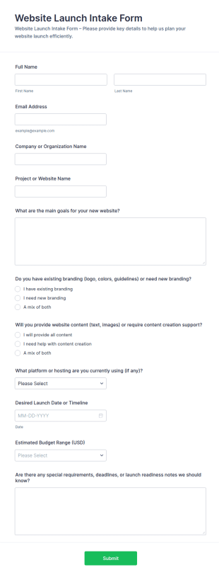 Website Launch Intake Form Template