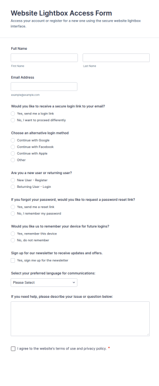Website Lightbox Access Form Template