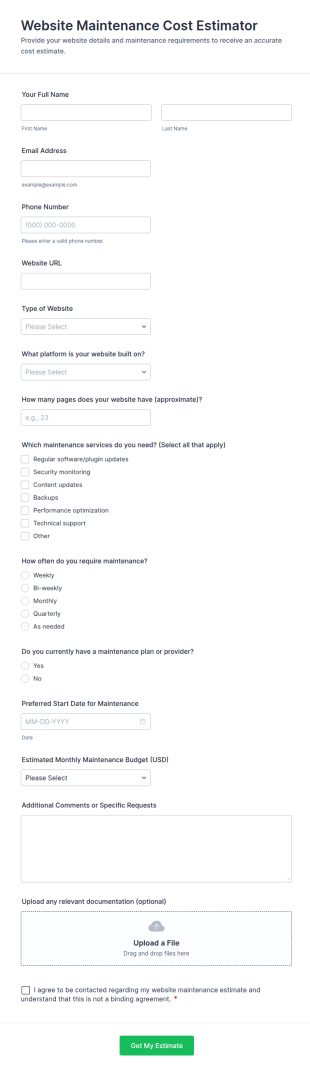 Website Maintenance Cost Estimator Form Template