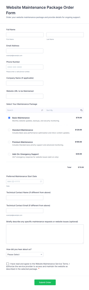 Website Maintenance Package Order Form Template