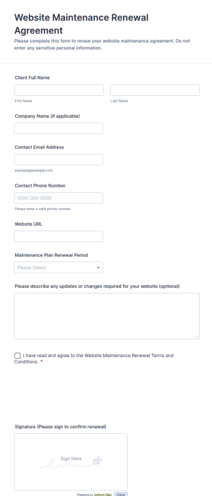 Website Maintenance Renewal Agreement Form Template