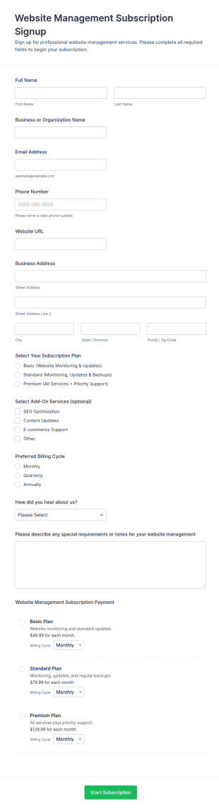 Website Management Subscription Signup Form Template