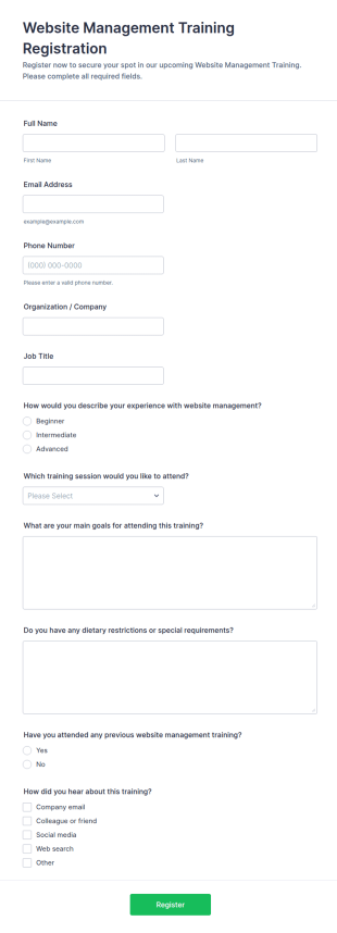Website Management Training Registration Form Template