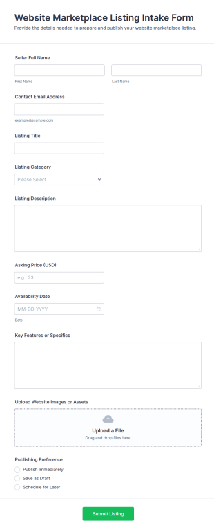 Website Marketplace Listing Intake Form Template
