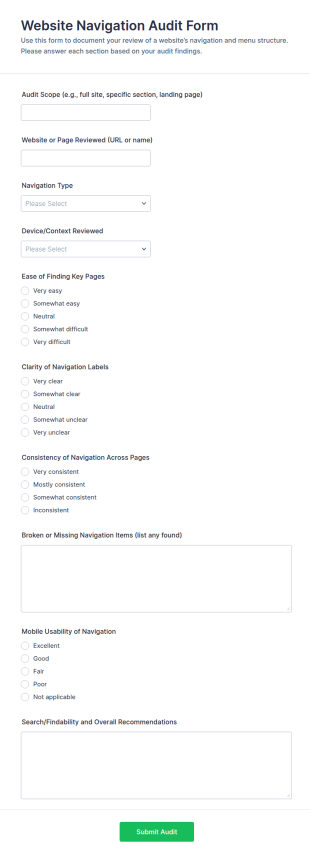 Website Navigation Audit Form Template