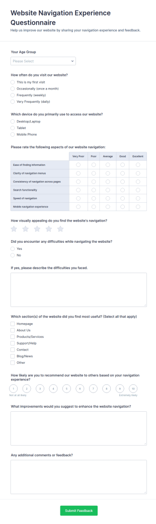 Website Navigation Experience Questionnaire Form Template