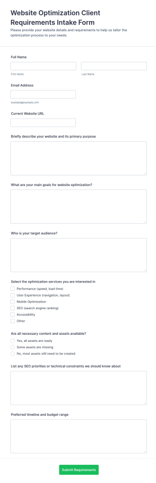 Website Optimization Client Requirements Intake Form Template