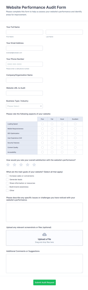 Website Performance Audit Form Template
