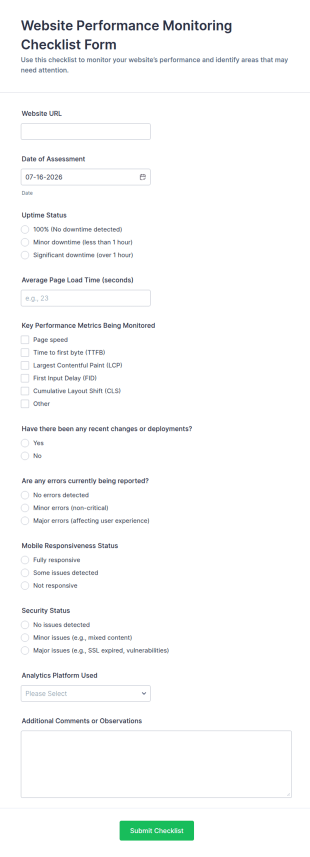 Website Performance Monitoring Checklist Form Template