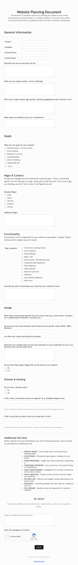 Website Planning Form Template