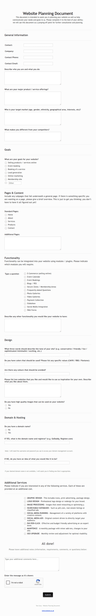 Website Planning Form Template