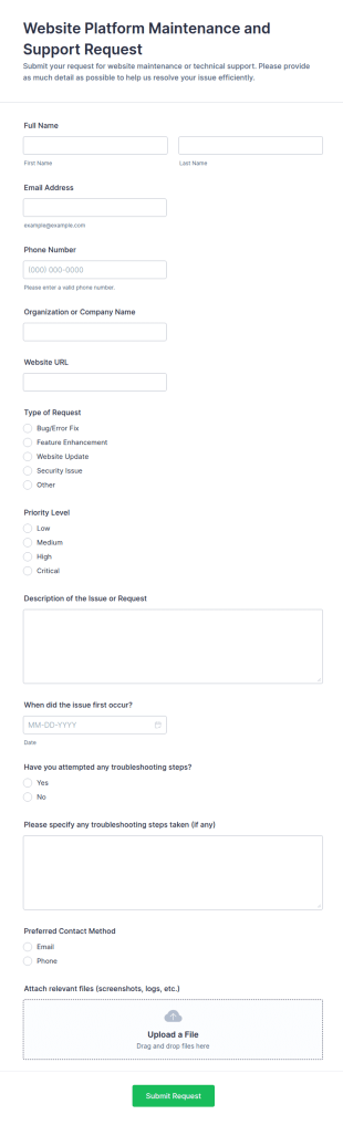 Website Platform Maintenance And Support Request Form Template