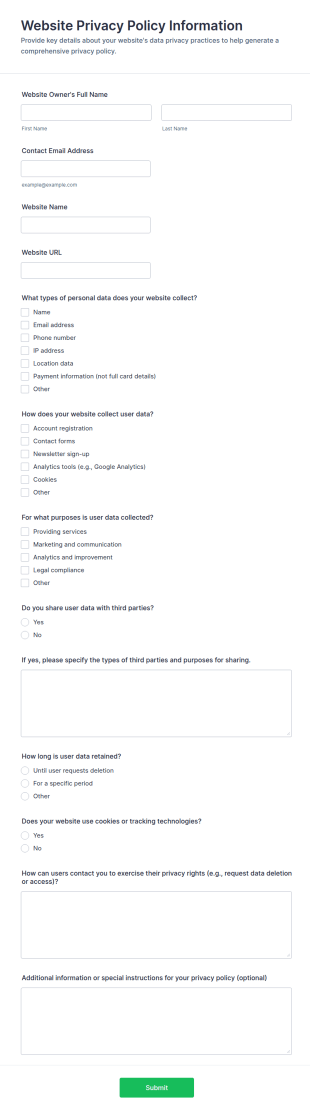Website Privacy Policy Information Form Template