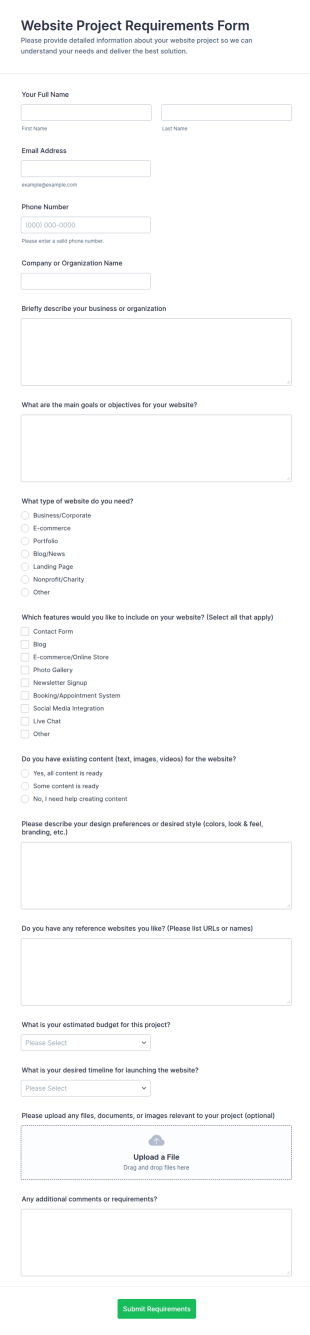 Website Project Requirements Form Template