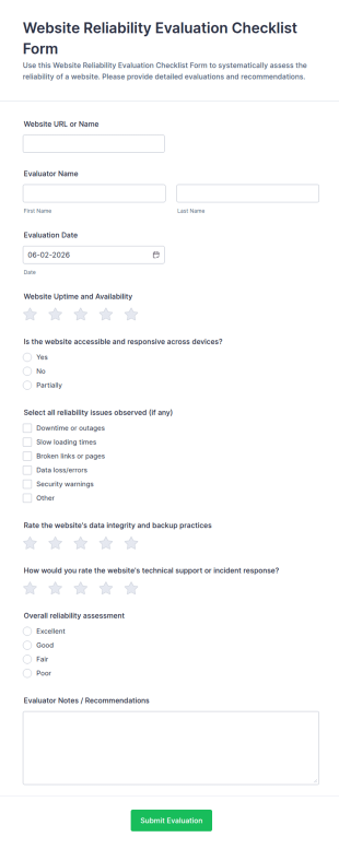 Website Reliability Evaluation Checklist Form Template