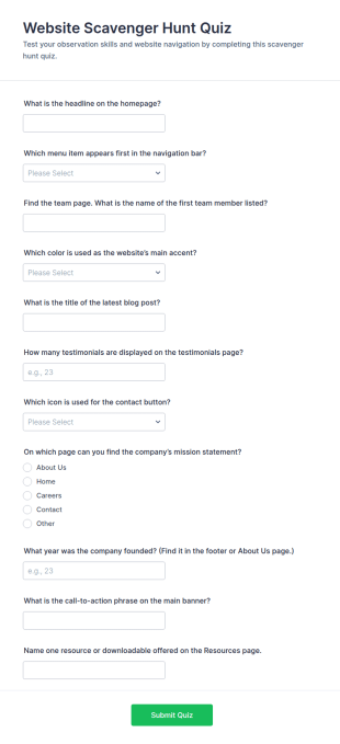 Website Scavenger Hunt Quiz Form Template