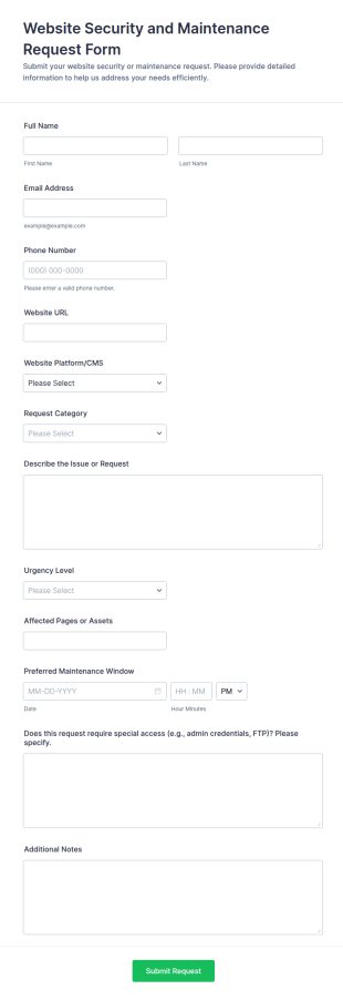 Website Security And Maintenance Request Form Template