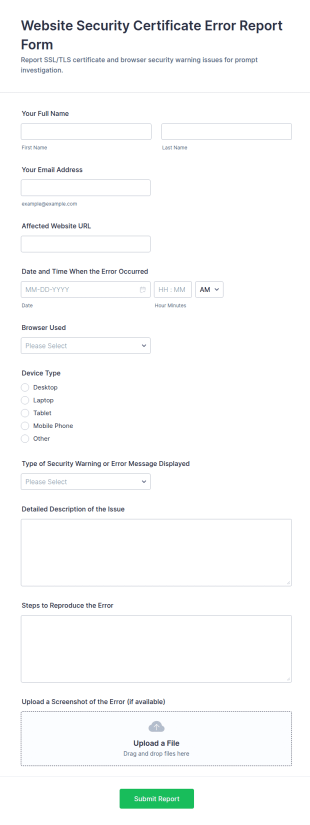 Website Security Certificate Error Report Form Template