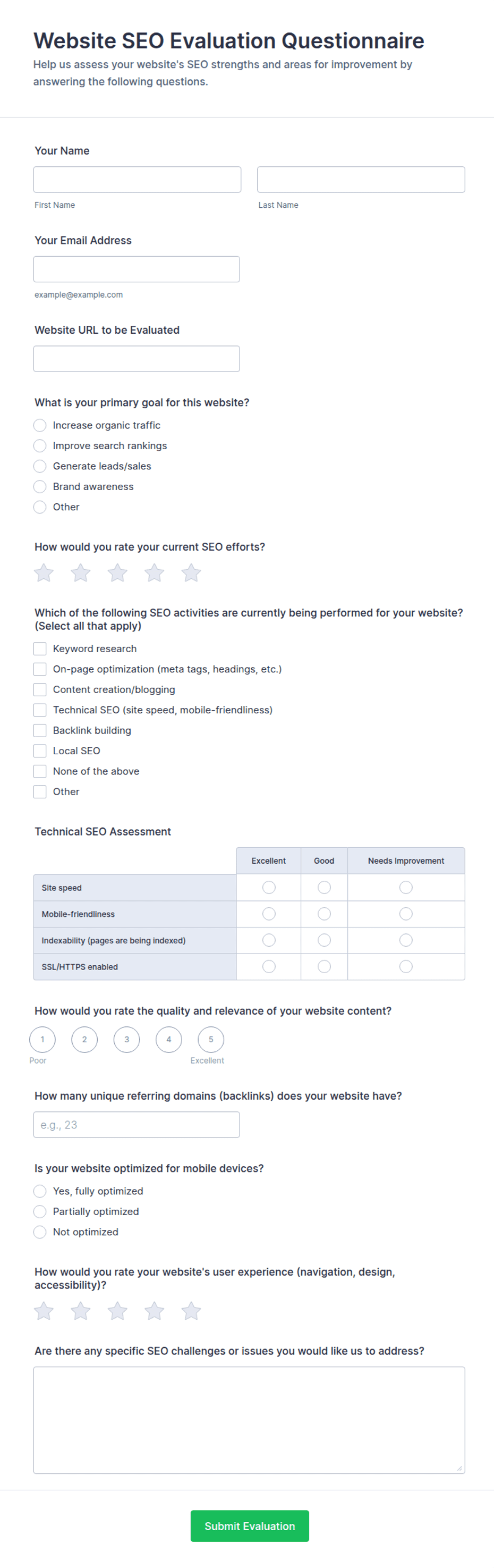 Questionair Website Example Website SEO Evaluation Questionnaire Form Template | Jotform