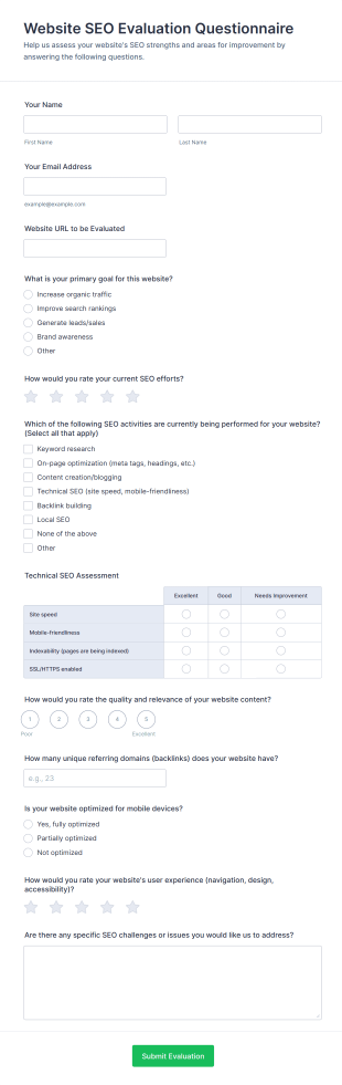 Website SEO Evaluation Questionnaire Form Template