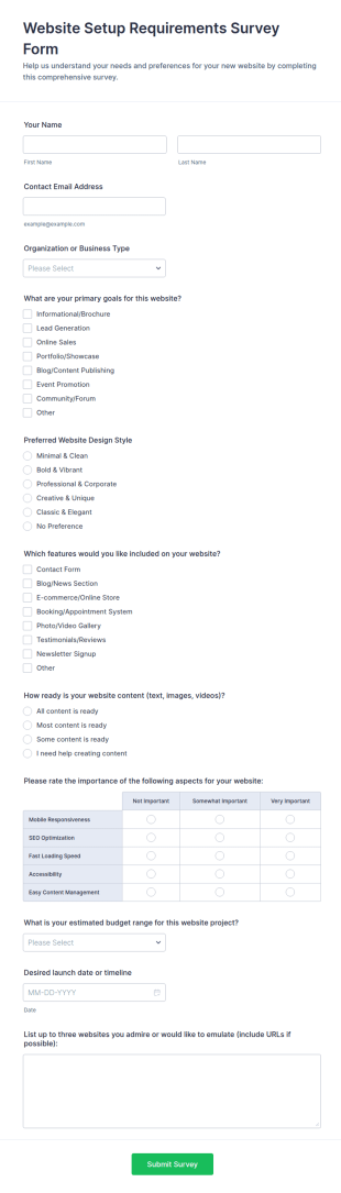 Website Setup Requirements Survey Form Template