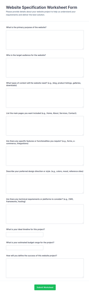 Website Specification Worksheet Form Template