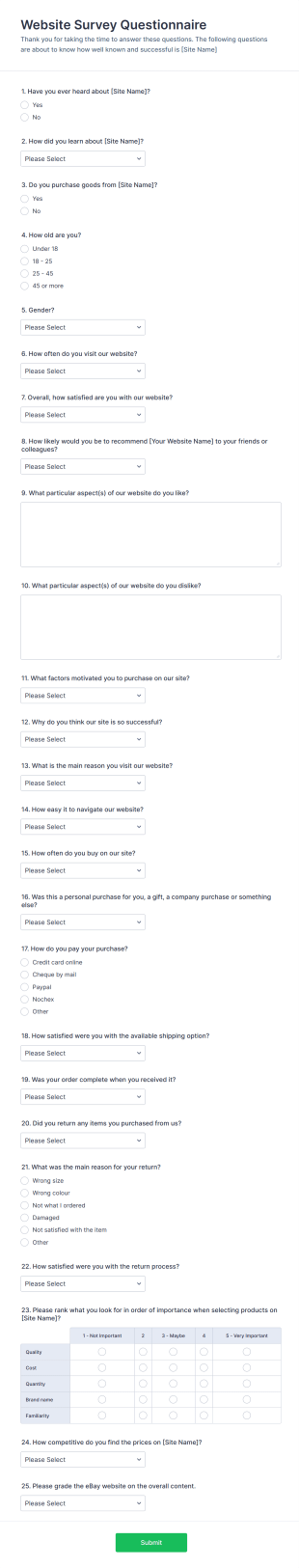 Website Questionnaire Form Template