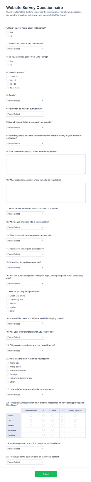Website Questionnaire Form Template