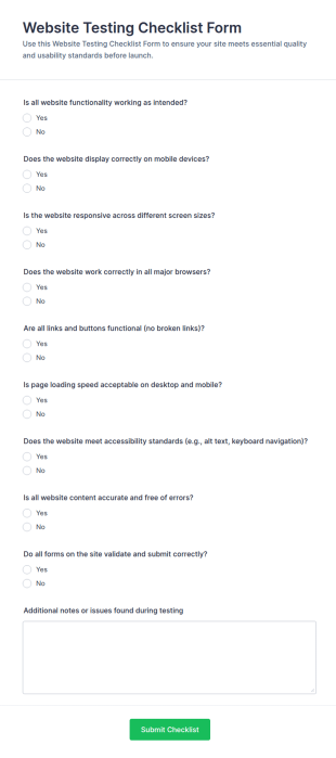 Website Testing Checklist Form Template