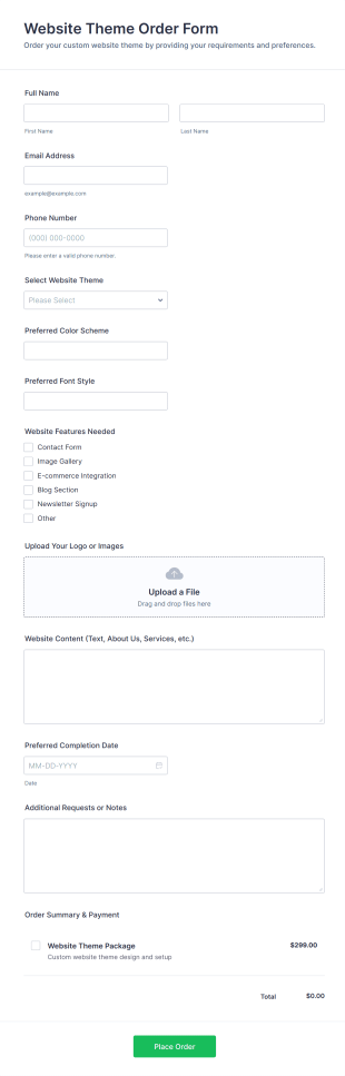 Website Theme Order Form Template