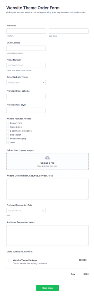 Website Theme Order Form Template
