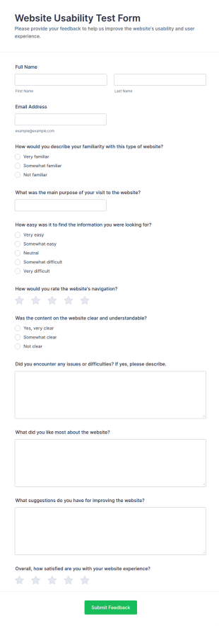 Website Usability Test Form Template
