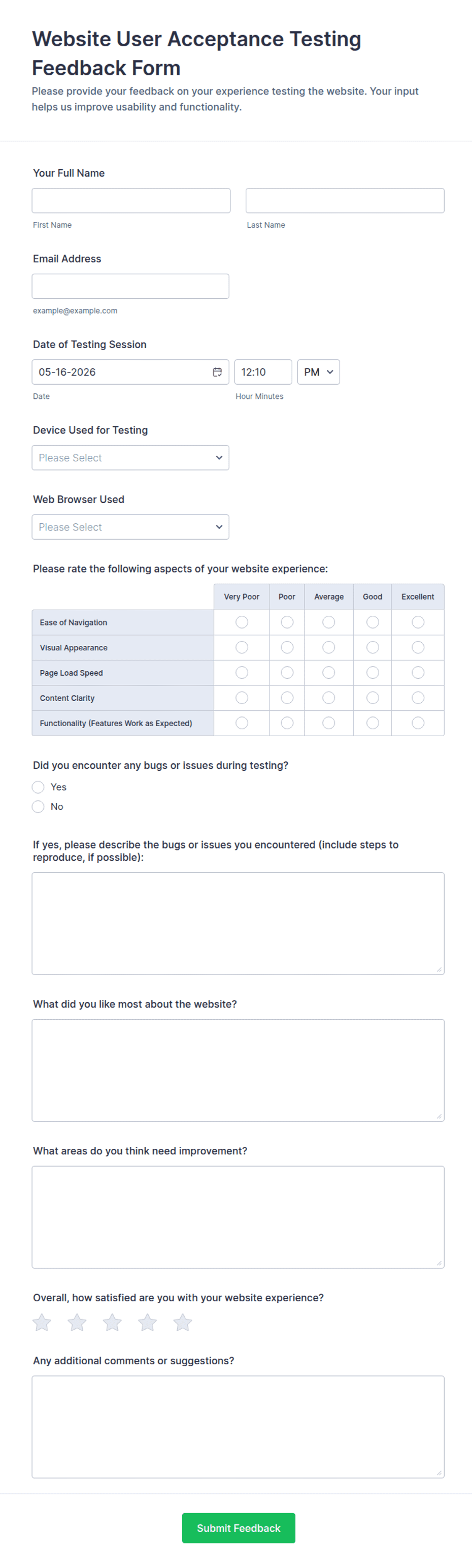 Feedback Form Website Examples Website User Acceptance Testing Feedback Form Template | Jotform