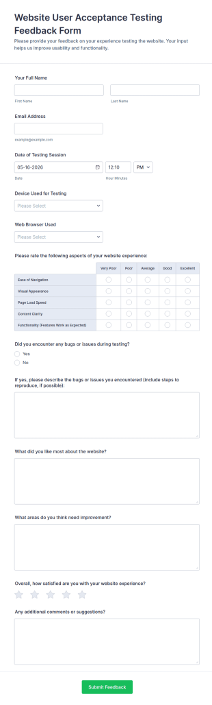 Website User Acceptance Testing Feedback Form Template