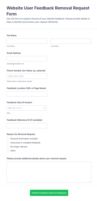 Website User Feedback Removal Request Form Template