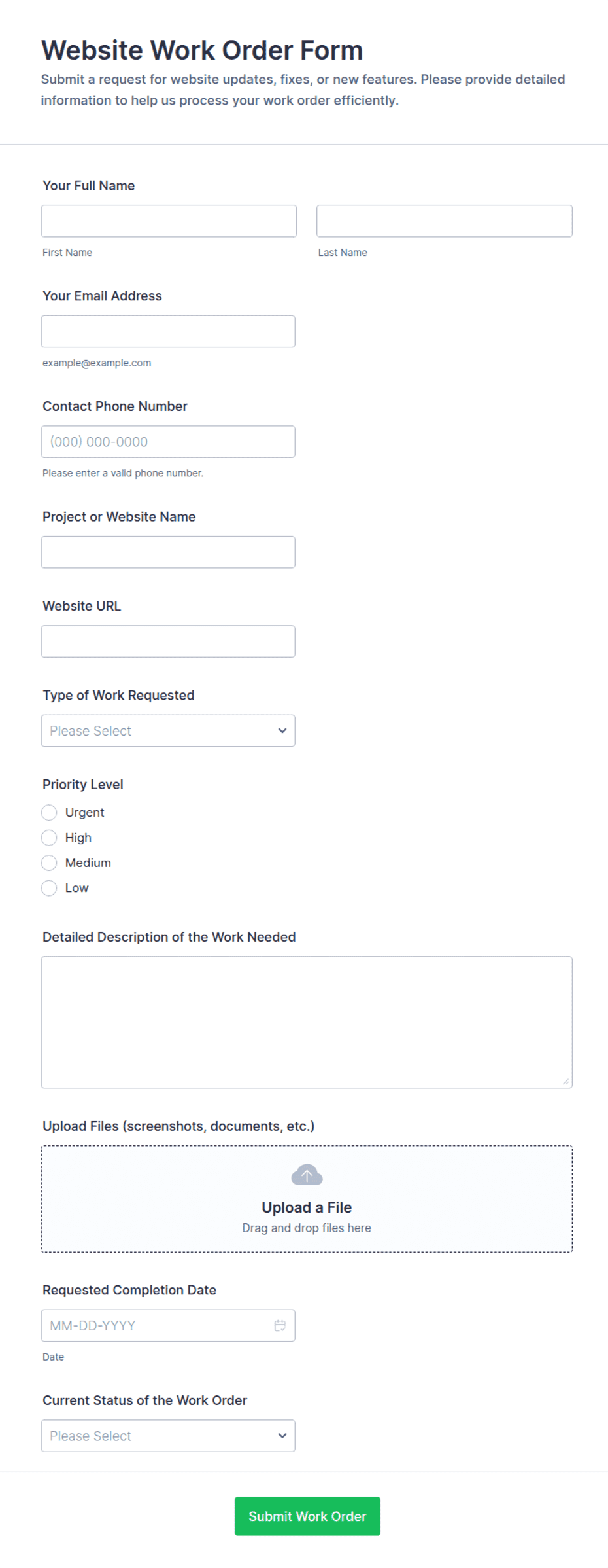 Website Work Order Form Template | Jotform