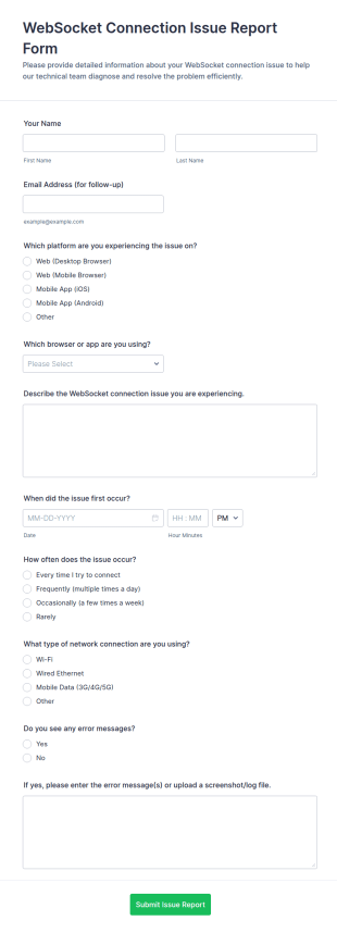 WebSocket Connection Issue Report Form Template