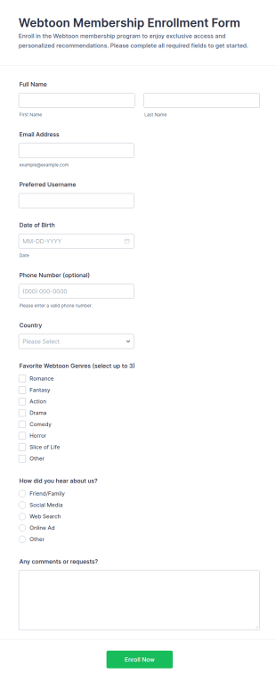 Webtoon Membership Enrollment Form Template