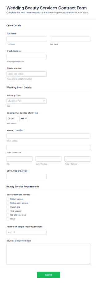 Wedding Beauty Services Contract Form Template