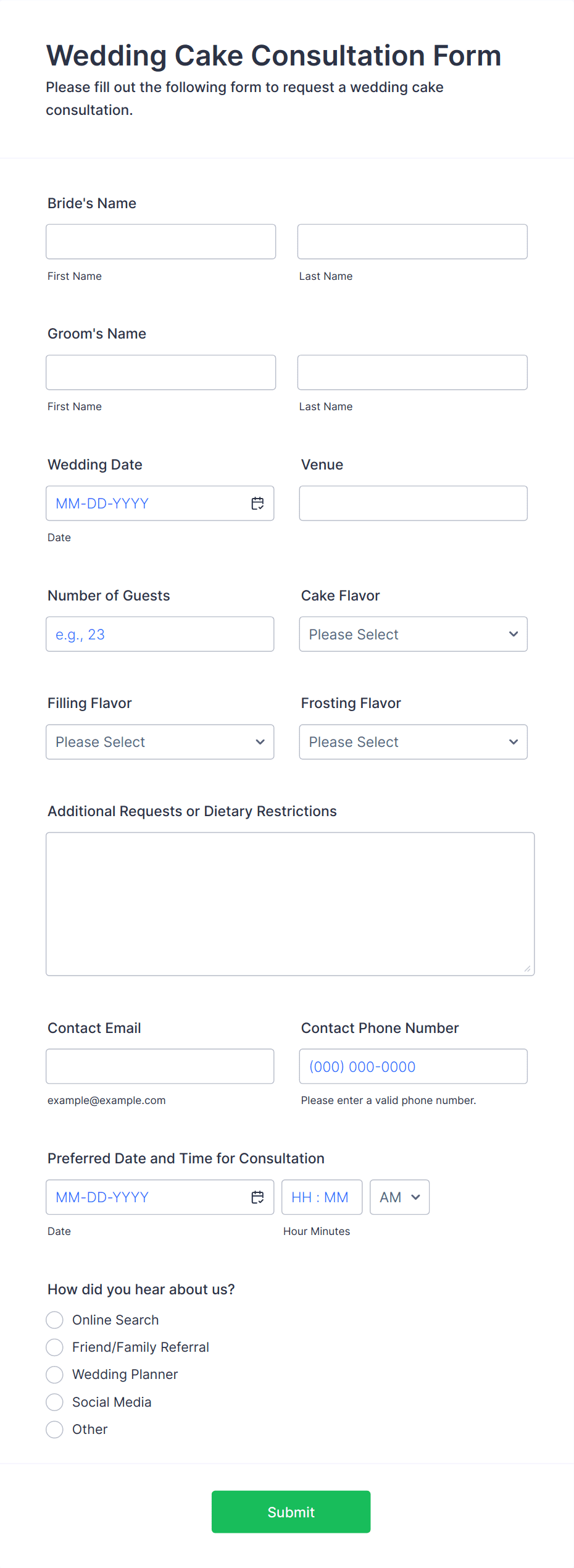 Wedding Cake Consultation Form Template 