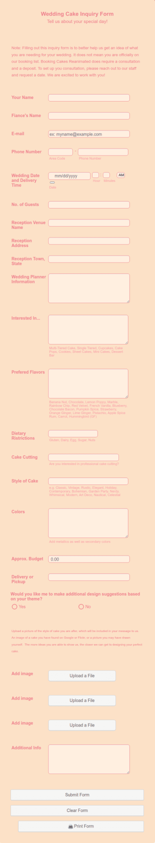 Wedding Cake Inquiry Form Template