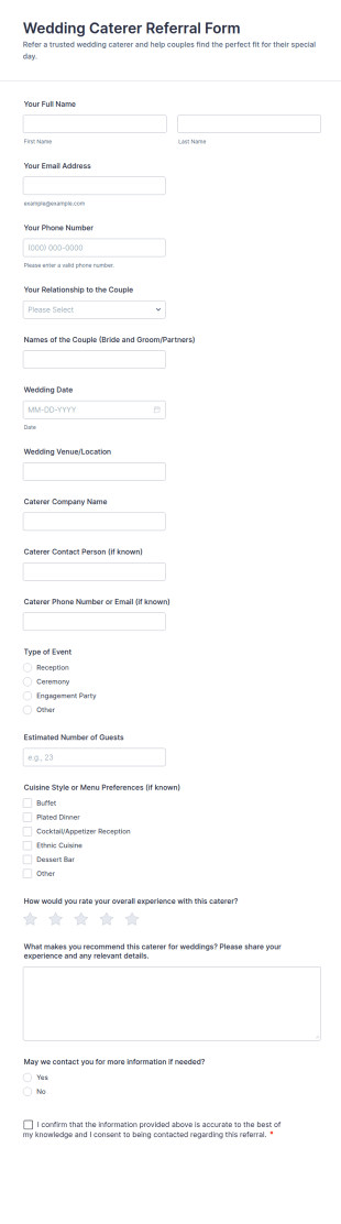 Wedding Caterer Referral Form Template