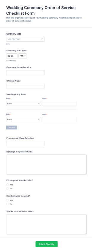 Wedding Ceremony Order Of Service Checklist Form Template