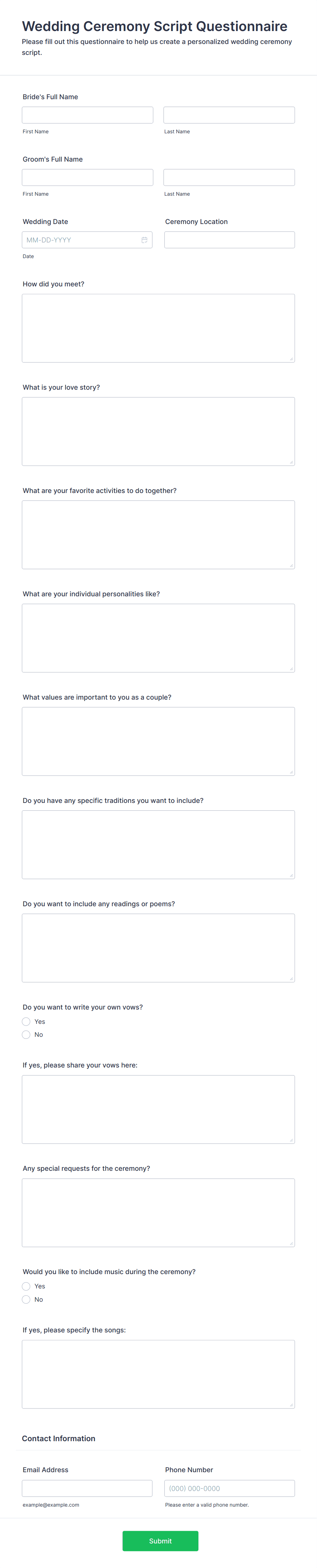 Wedding Ceremony Script Questionnaire Form Template | Jotform