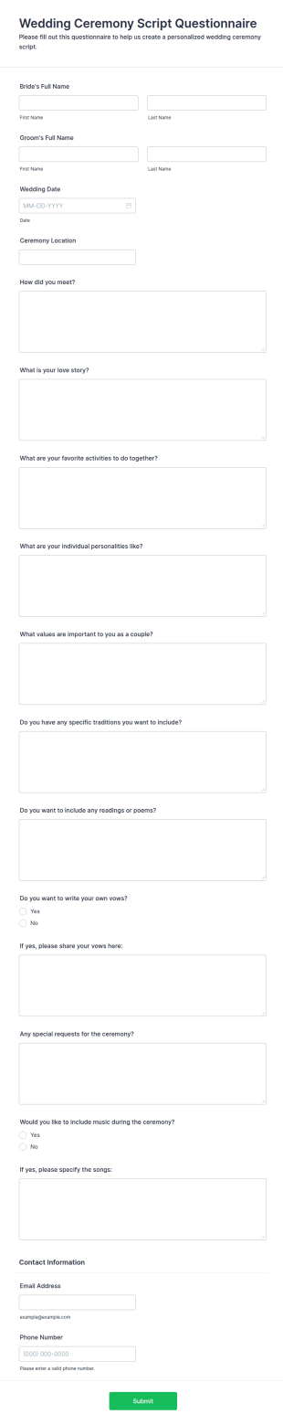 Wedding Ceremony Script Questionnaire Form Template