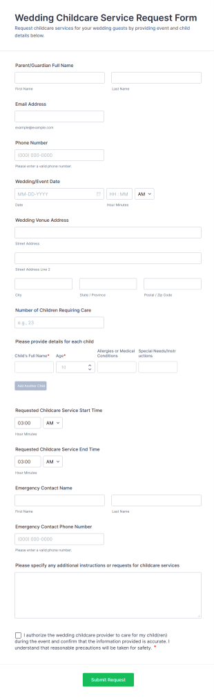 Wedding Childcare Service Request Form Template
