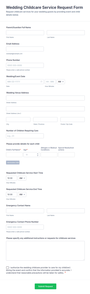 Wedding Childcare Service Request Form Template